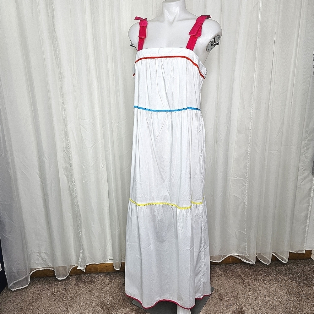 C. Wonder Sleeveless Bow Strap Tiered Maxi Dress White Colorful Stripe Size Med